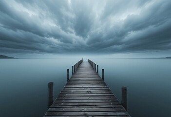 Naklejka premium Foggy Pier View. A Peaceful Scene Of A Wooden Pier Extending Into Calm Water, Under Dramatic Skies, Evoking A Sense Of Solitude And Tranquility. Serene. Calm.