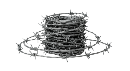 roll of barbed wire isolated on transparent background, PNG, protection, barrier, danger, caution, defense, prison, military, boundary, restricted area, razor wire