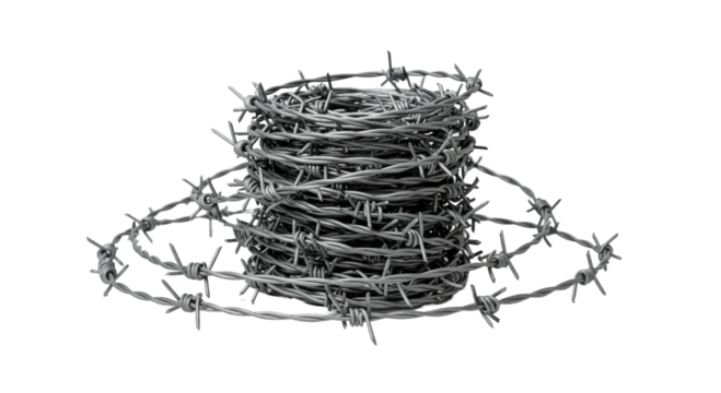 roll of barbed wire isolated on transparent background, PNG, protection, barrier, danger, caution, defense, prison, military, boundary, restricted area, razor wire