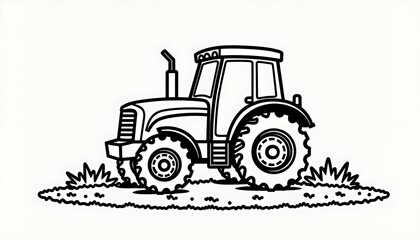 Obraz premium Outline drawing of a cartoon tractor for coloring on an agricultural field 