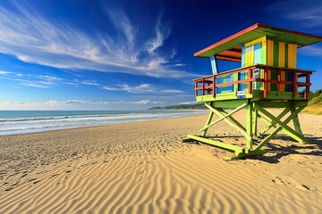 Obraz premium A vivid lifeguard tower on a serene beach, painted in bright colors, surrounded by golden sand and gentle waves, under a crisp blue sky.