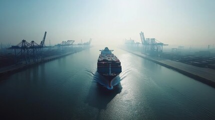Naklejka premium Aerial view of a massive container ship navigating a busy international port, surrounded by cranes and cargo, representing global trade routes and supply chain logistics in the modern marketplace. 