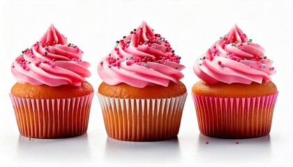 Cupcake with pink frosting and sprinkles. Three Cupcakes. Cupcake with cream.