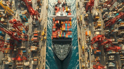 Aerial view of a massive container ship navigating a busy international port, surrounded by cranes and cargo, representing global trade routes and supply chain logistics in the modern marketplace. 
