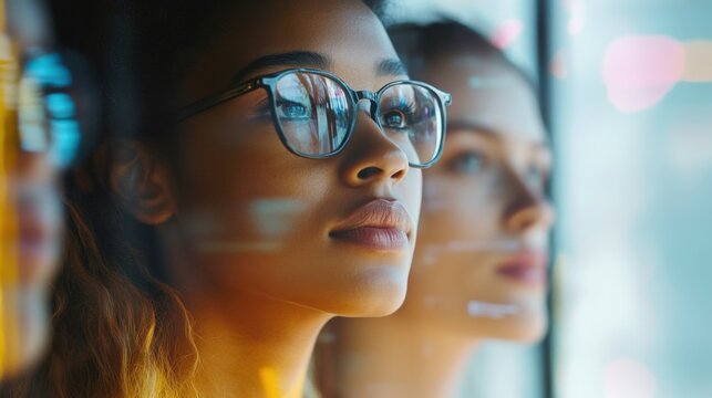 Three businesswomen wearing eyeglasses are looking up at a glass panel, possibly observing data or projections in a dimly lit office at night, showcasing a futuristic and professional atmosphere - Powered by Adobe