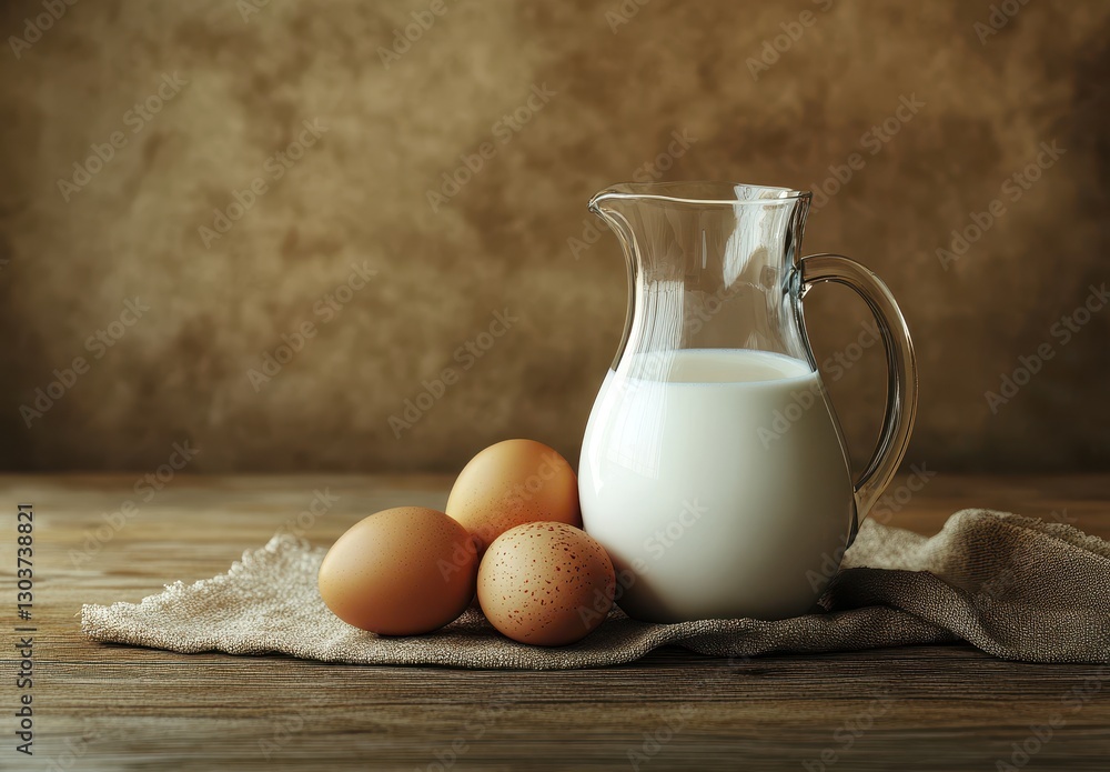 Poster fresh milk and eggs on a rustic wooden table with a textured background in warm tones for culinary a