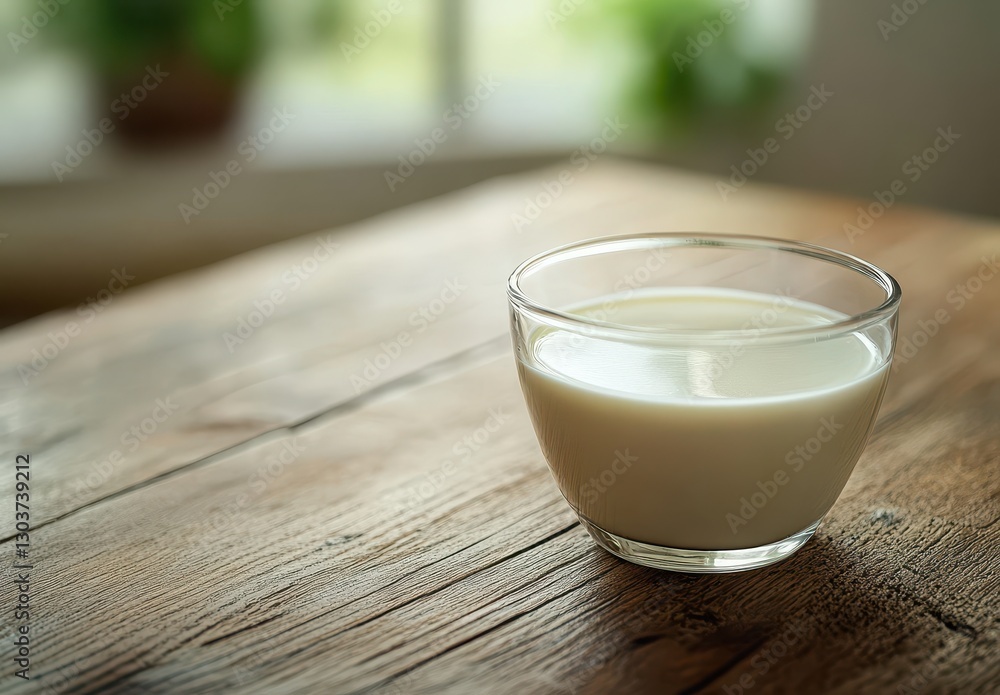 Poster fresh milk in a clear glass on rustic wooden table with natural light from window and soft backgroun