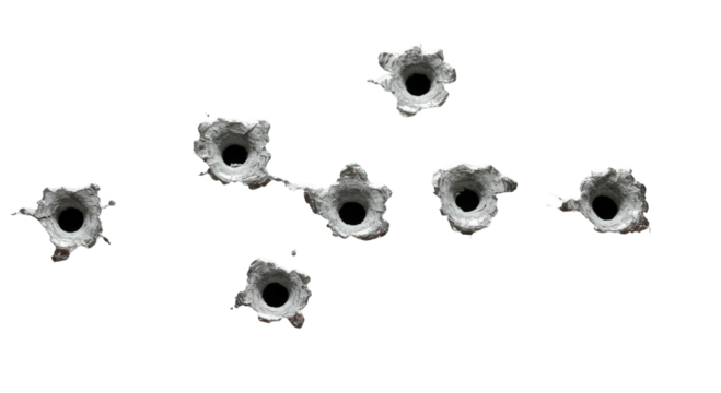 bullet holes isolated on transparent background, cutout, round, fire, mark, hole pattern, hole texture, explosion