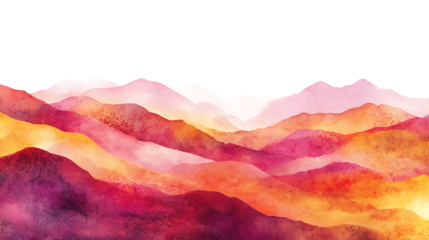 Vibrant watercolor landscape of rolling mountains with gradient hues of orange, red, pink, and purple, showcasing an artistic and textured style. Isolated on transparent background.