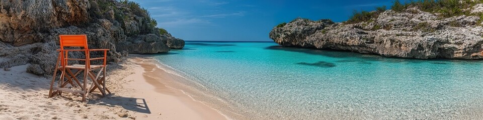 Obraz premium A secluded beach with a lifeguard chair at the edge of the sand, surrounded by rocky cliffs and clear turquoise waters.