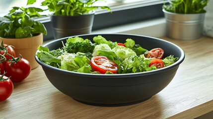Fresh organic salad bowl with vibrant vegetables on a rustic wooden table. 