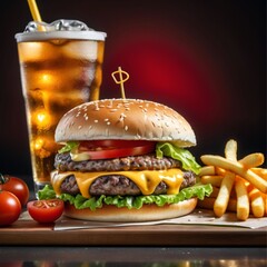 A delicious cheeseburger with melted cheese, crispy lettuce, and fresh tomatoes on a sesame seed bun, with golden fries and a cold soda in the background, high detail, studio lighting