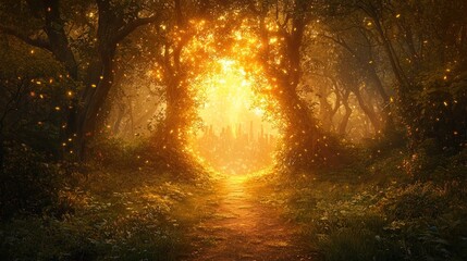 Fototapeta premium Enchanted Forest Pathway Illuminated by Glowing Orbs of Light