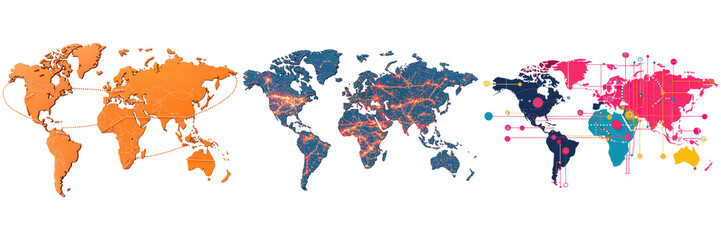 Obraz premium World map illustrations showing global connections and networks.