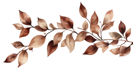 Watercolor branch with brown toned leaves featuring warm earthy hues arranged in a natural and elegant composition. Isolated on transparent background.