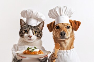 Cute cat and dog dressed as chefs, wearing white hats and aprons. The cat holds a plate of food while the dog holds a wooden spoon. Funny pet concept.