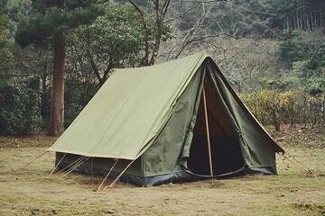 Camping in the mountains with a tent and a bonfire.