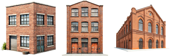 Obraz premium Three old brick buildings with windows and doors.