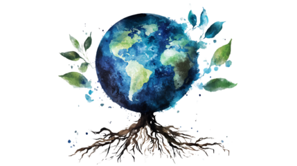 Watercolor earth with roots and leaves representing environmental connection, nature, and sustainability in an artistic style. Isolated on transparent background.