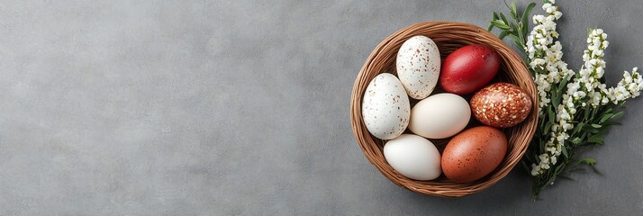 Easter Holiday, Easter Concept, Festive Easter Eggs in Nest with Spring Blossoms Grey Background