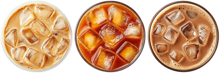 Overhead shot of three iced coffee drinks. Refreshing summer beverages.