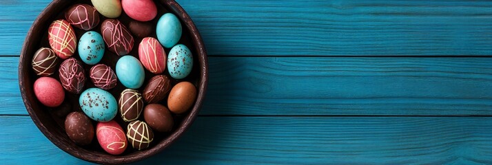 Easter Holiday, Easter Concept, Delicious Chocolate Easter Eggs in Wooden Bowl on Blue Wood Background