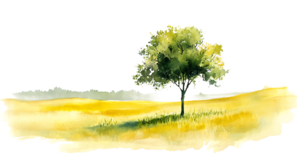 Watercolor solitary green tree in a vast yellow-green field. A minimal and peaceful depiction of nature's simplicity and tranquility. Isolated on transparent background.