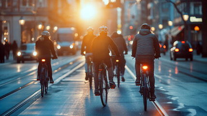 Groups of cyclists pedal down a busy street as the sun sets, casting a warm glow over the city and creating a lively atmosphere - Generative AI