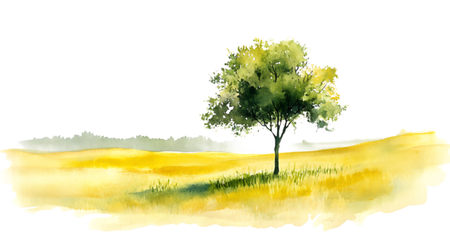 Watercolor solitary green tree in a vast yellow-green field. A minimal and peaceful depiction of nature's simplicity and tranquility. Isolated on transparent background.