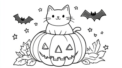 Cute cat in a Halloween pumpkin, bats and stars background, coloring page