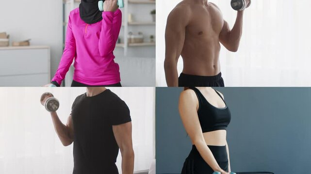 A collage showcasing diverse people participating in various fitness activities. Each individual, sporting athletic attire, focuses on building strength and promoting a healthy lifestyle.