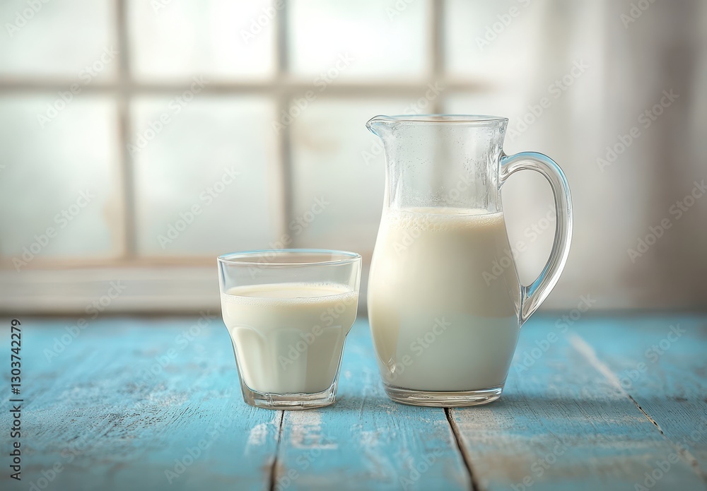 Poster fresh milk in glassware on rustic wooden table with soft natural light and frosted window background