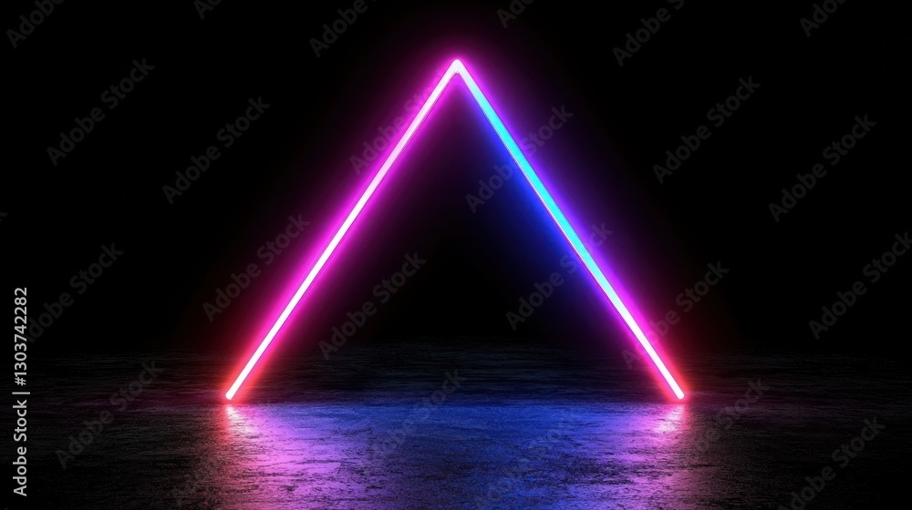 Poster neon triangle light installation in dark environment with reflection