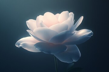 white Camellia flower contrasted against a dark background, its pearlescent petals glowing in the soft light