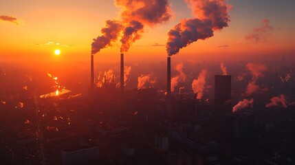 Industrial Sunset over City with Smoke Stacks