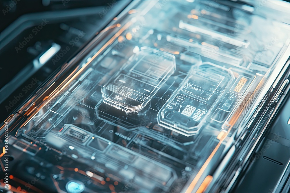Poster futuristic transparent smartphone technology advanced digital interface circuit board design
