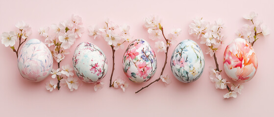 Soft watercolor-painted Easter eggs arranged with delicate cherry blossoms on a pale pink background, celebrating spring and Easter