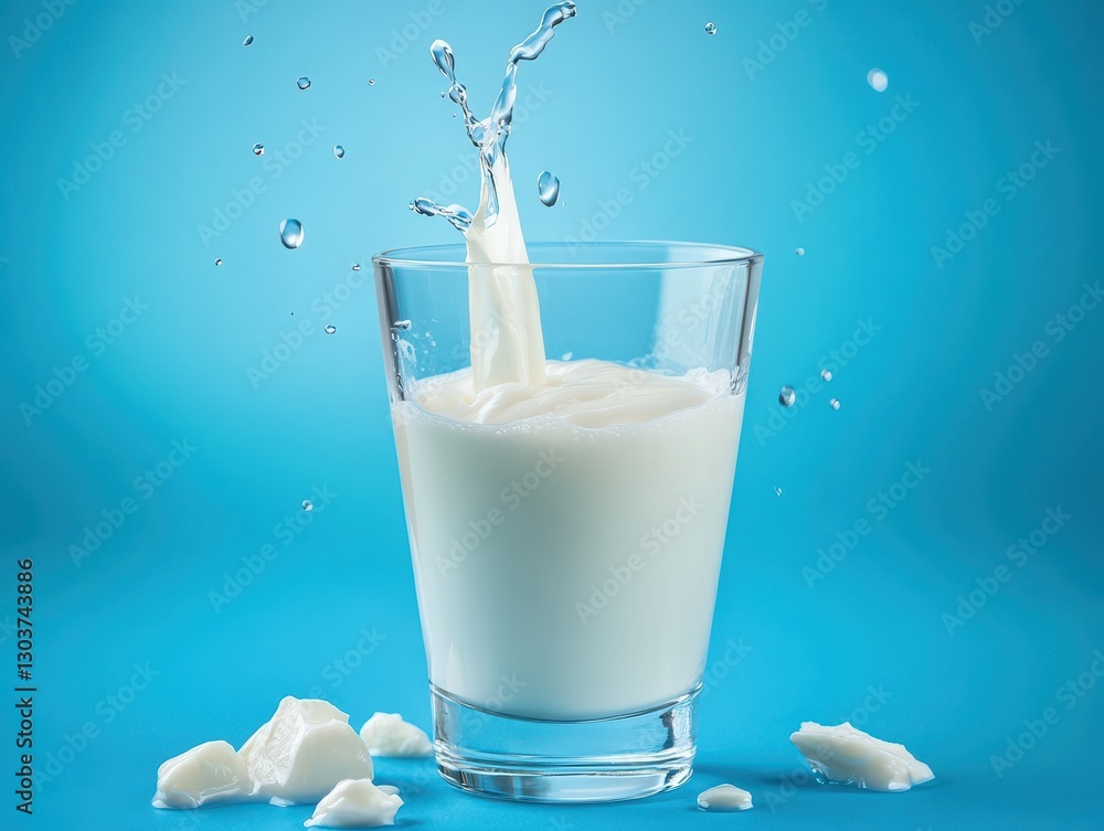 Poster fresh milk splashing into glass with blue background and creamy texture creating a refreshing and in