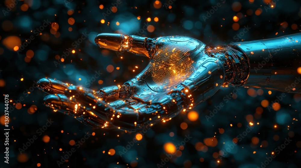 Poster futuristic robot hand with glowing particles and digital elements