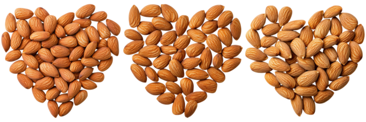 Three heart shapes made of almonds. Concept of healthy food, love, and Valentine's Day.