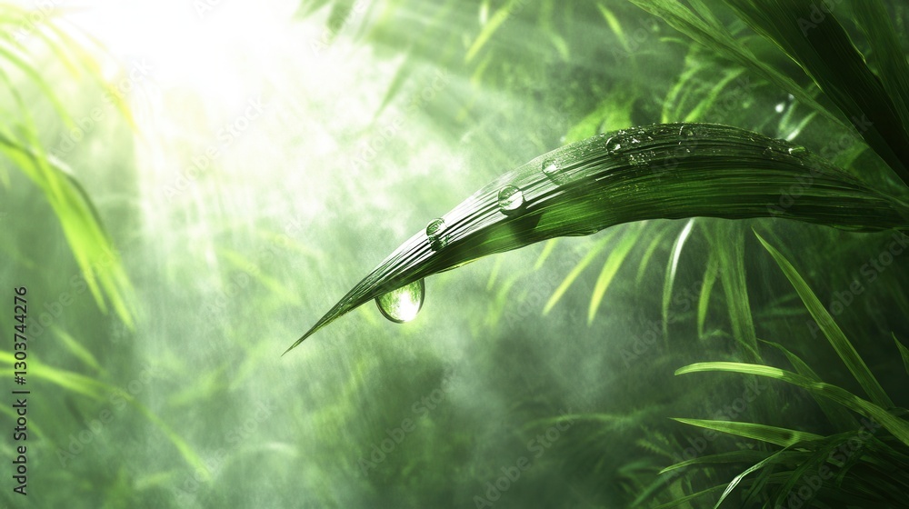 Poster droplet clinging to blade of grass in misty forest with soft light rays and verdant foliage creating