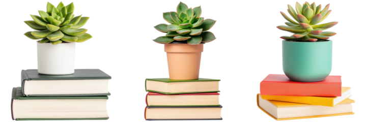 Three succulents in pots on stacks of books. Concept of education, knowledge, and nature.
