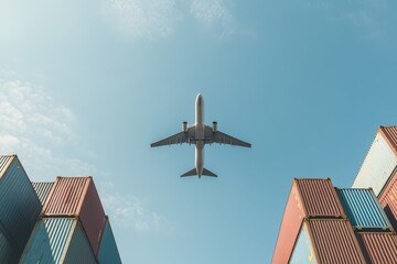 Airplane flying over cargo containers in a sunny day