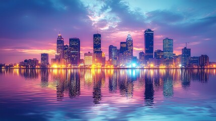 Obraz premium Vibrant City Skyline at Dusk with Colorful Reflections on Water