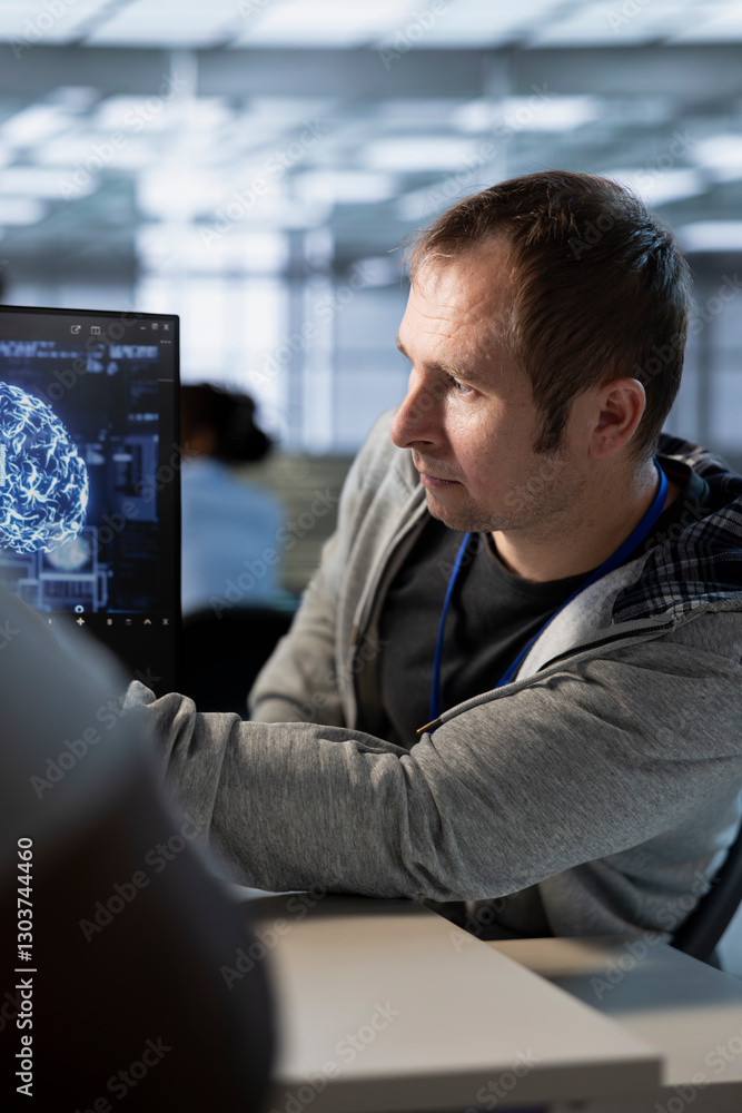 Poster technicians doing brainstorming in data center, optimizing it infrastructure using network managemen