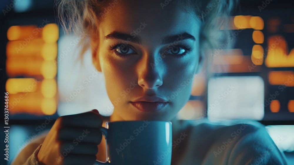 Poster young woman programmer drinking coffee and working late at night in her office with multiple compute