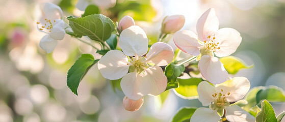 Fototapeta premium Blooming apple tree branches extending into the frame from the edges, embodying the joy of spring