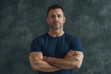 Naklejka premium Strong confident man crossing arms on dark background