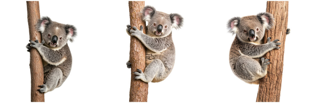 Three koalas climbing on tree trunks. Isolated on white background.