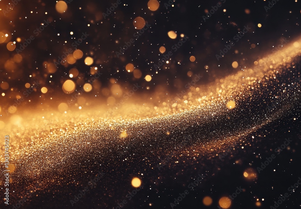 Poster glimmering golden particles and dust floating elegantly on dark background in abstract artistic desi